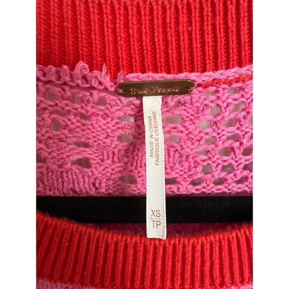Free People Bright Pink Red Home Run Crop Sweater Pullover Contrast Neck Cuff XS - Picture 4 of 7